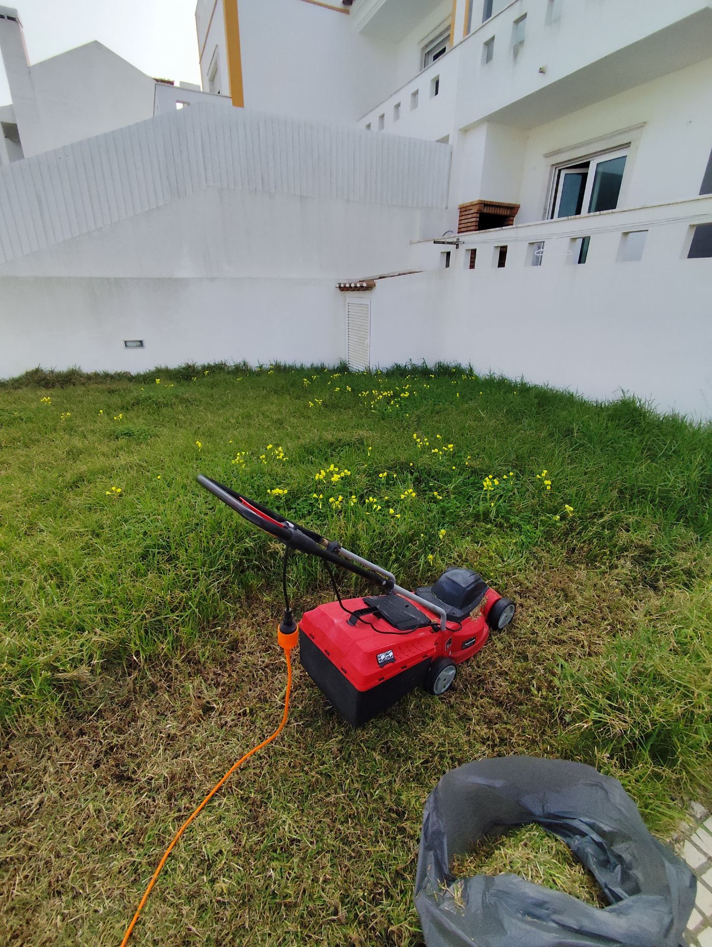 Corte de relva com corta-relvas elétrico num quintal