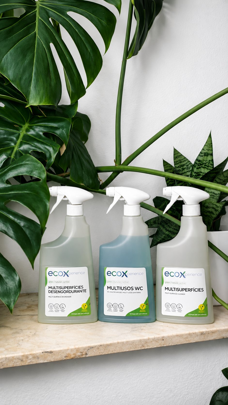 Produtos de limpeza ecológicos ecoX usados pela Eco Hands, entre plantas