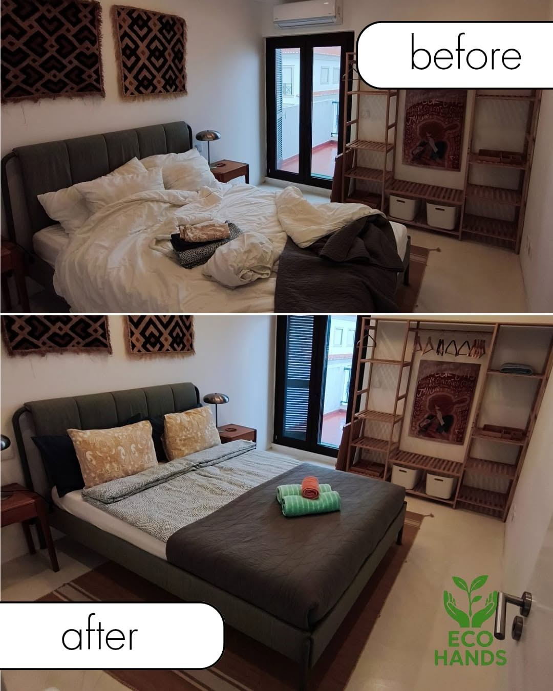 Quarto de alojamento local desarrumado antes e limpo e organizado depois